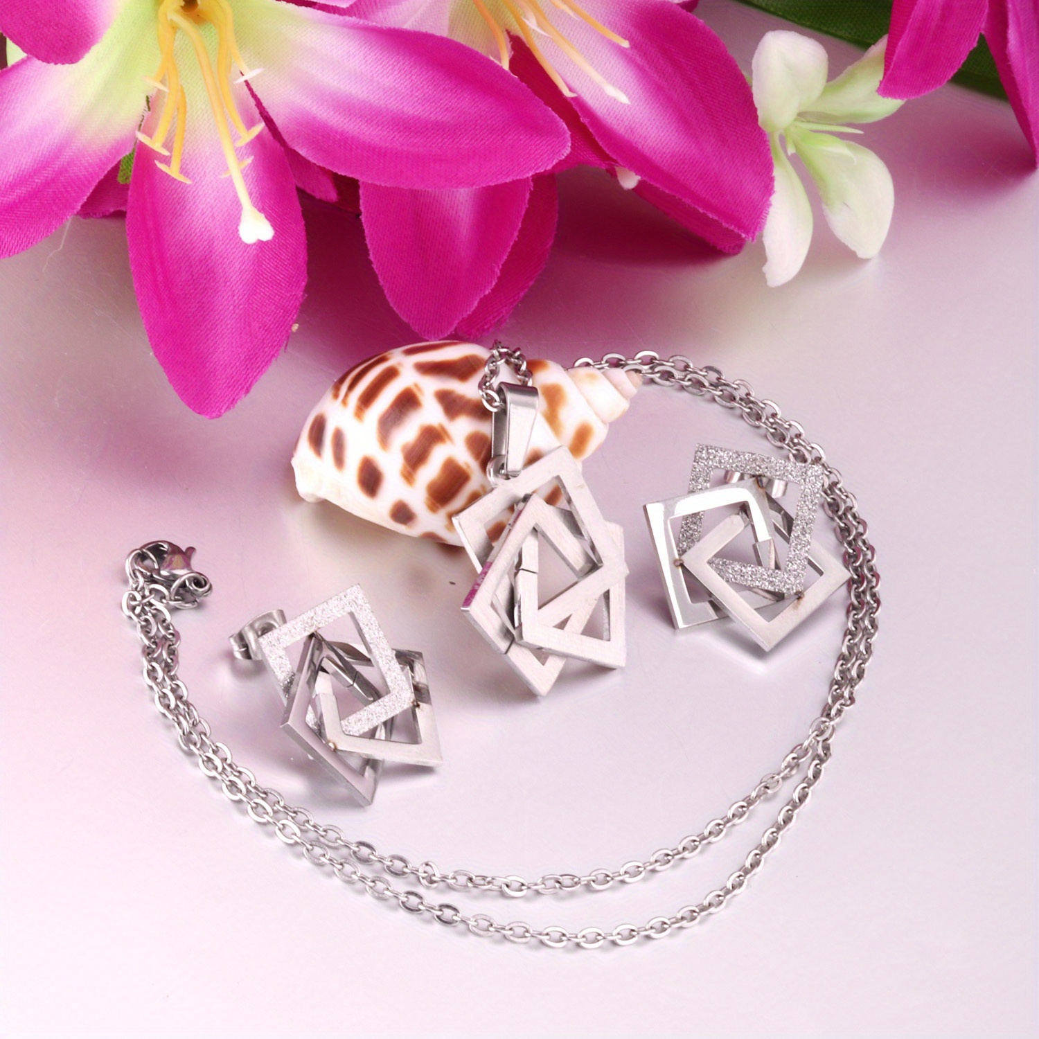 3pcs Set Square Necklaces and Stainless Steel Earrings for Everyday Wear